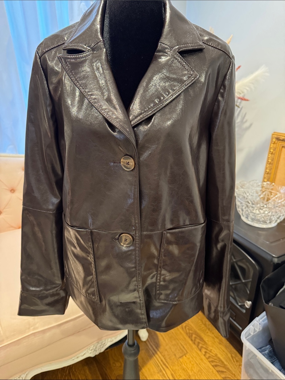 a new day Shiny Dark Brown Faux Leather Blazer
